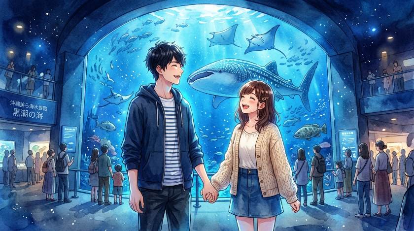 美ら海水族館の巨大水槽の前で仲良く手を繋ぎ笑顔で見上げるカップルのイラスト
