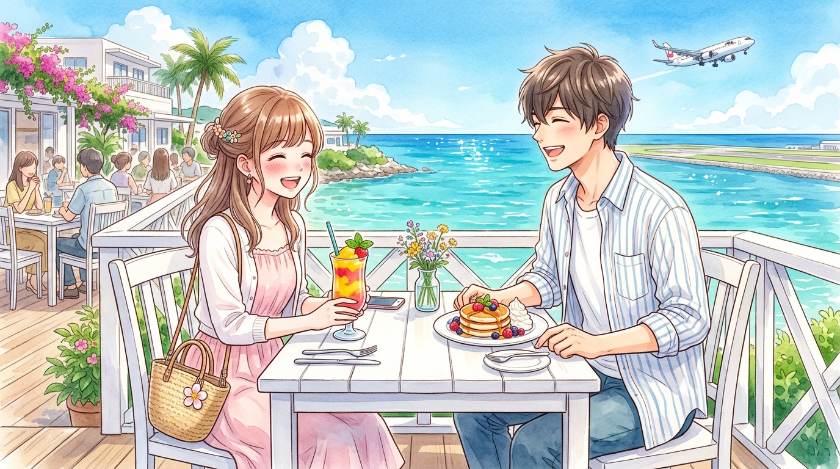 瀬長島ウミカジテラスの青い海が広がるカフェで楽しそうに語り合う男女カップルのイラスト