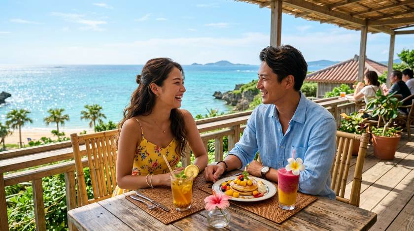 沖縄のエメラルドグリーンの海を望む絶景テラスカフェで笑顔で語り合う男女カップル